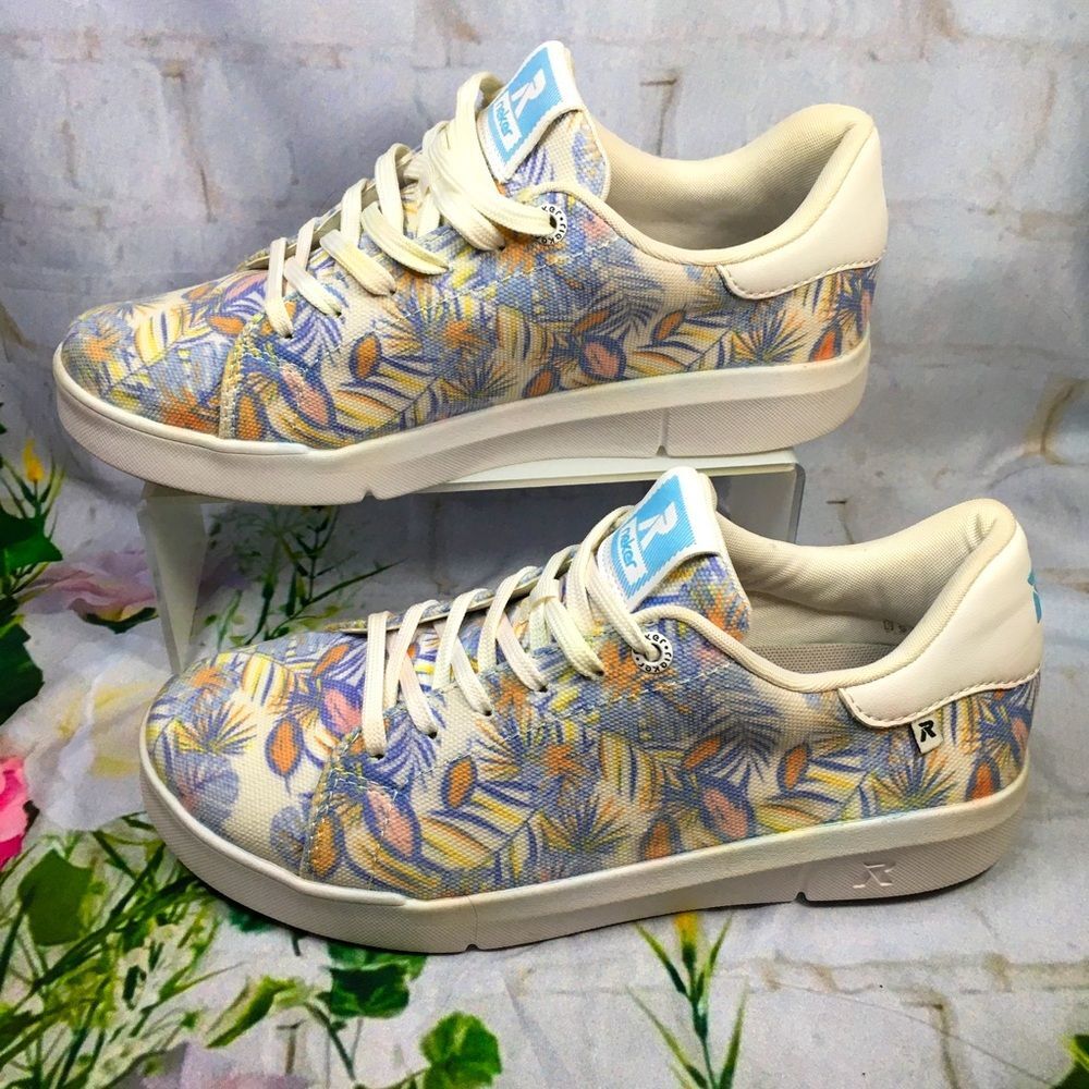 Rieker Sneakers Women’s Sz 39 Light blue coral feather print White laces new